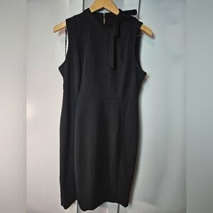 Calvin Klein Black Sleeveless Sheath Dress Size 12 Side Bow Mock Neck Gold Zip